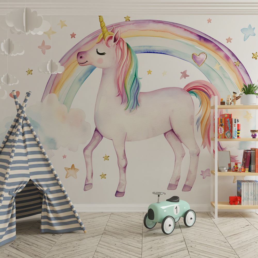 Enchanted unicorn wallpaper transforming children's bedroom into dreamy pastel sanctuary