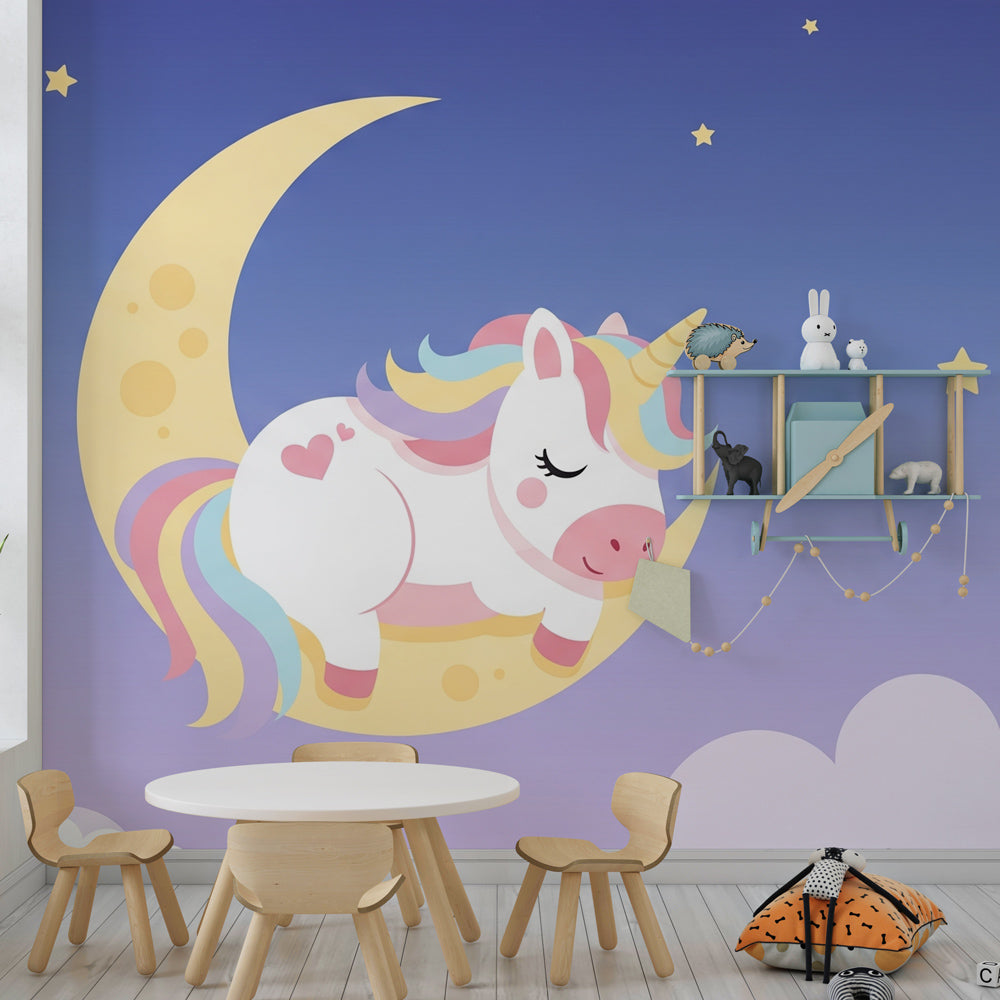 Pastel unicorn wall mural with stars and clouds for peaceful kids room by Kids-Mundo