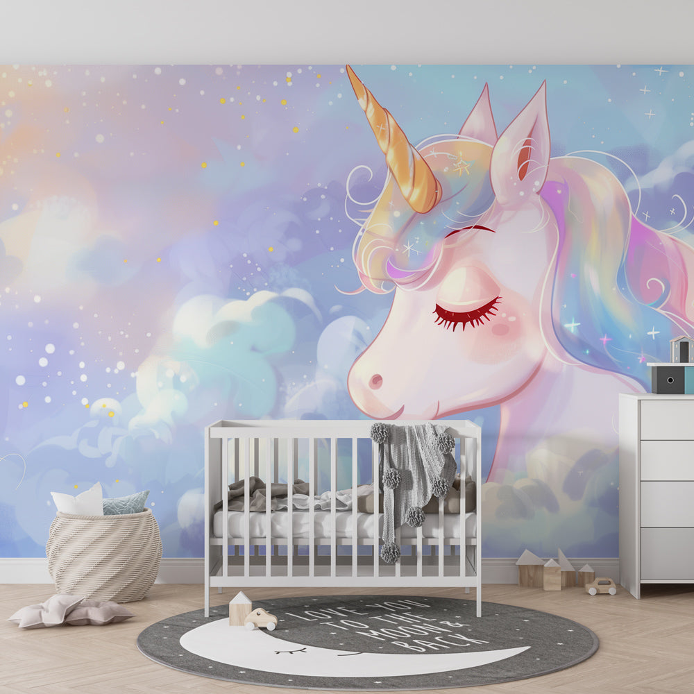 Pastel unicorn mural wallpaper creating dreamy atmosphere in modern kids room