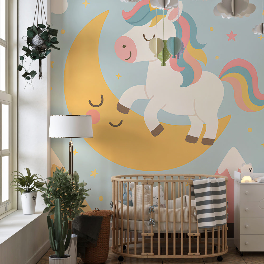 Fantasy unicorn mural wallpaper transforming kids room into enchanted wonderland