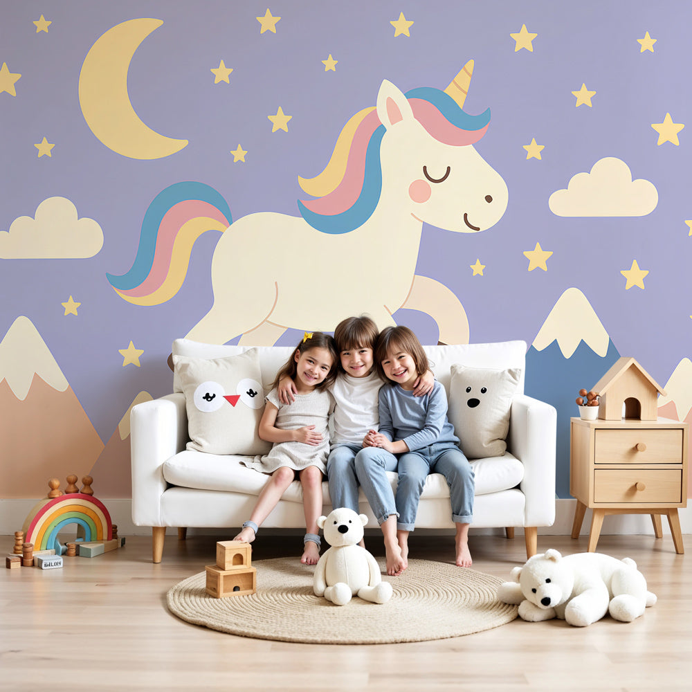 Magical unicorn mural wallpaper in dreamy kids bedroom with starry sky design by Kids-Mundo
