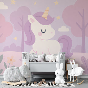 Fantasy unicorn wallpaper creating magical atmosphere in children's bedroom decor