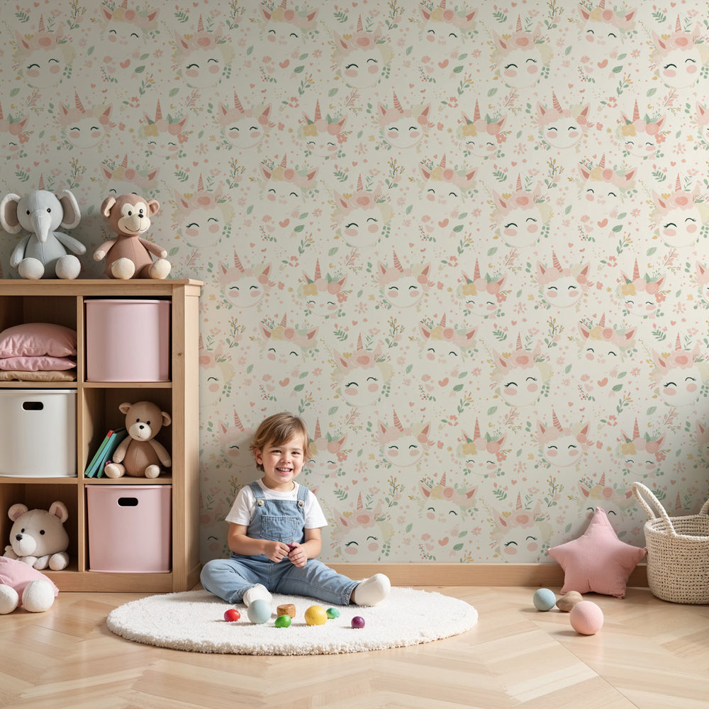 Magical unicorn mural wallpaper creating enchanting nursery decor with floral elements by Kids-Mundo