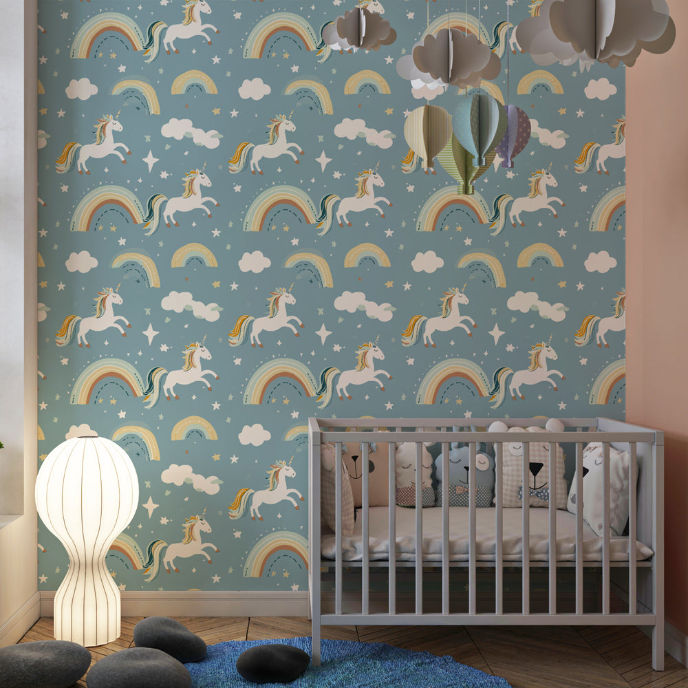 Magical unicorn and rainbow mural wallpaper creating enchanted nursery decor atmosphere