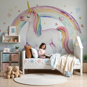 Unicorn rainbow mural wallpaper creating magical nursery decor with pastel colors by Kids-Mundo