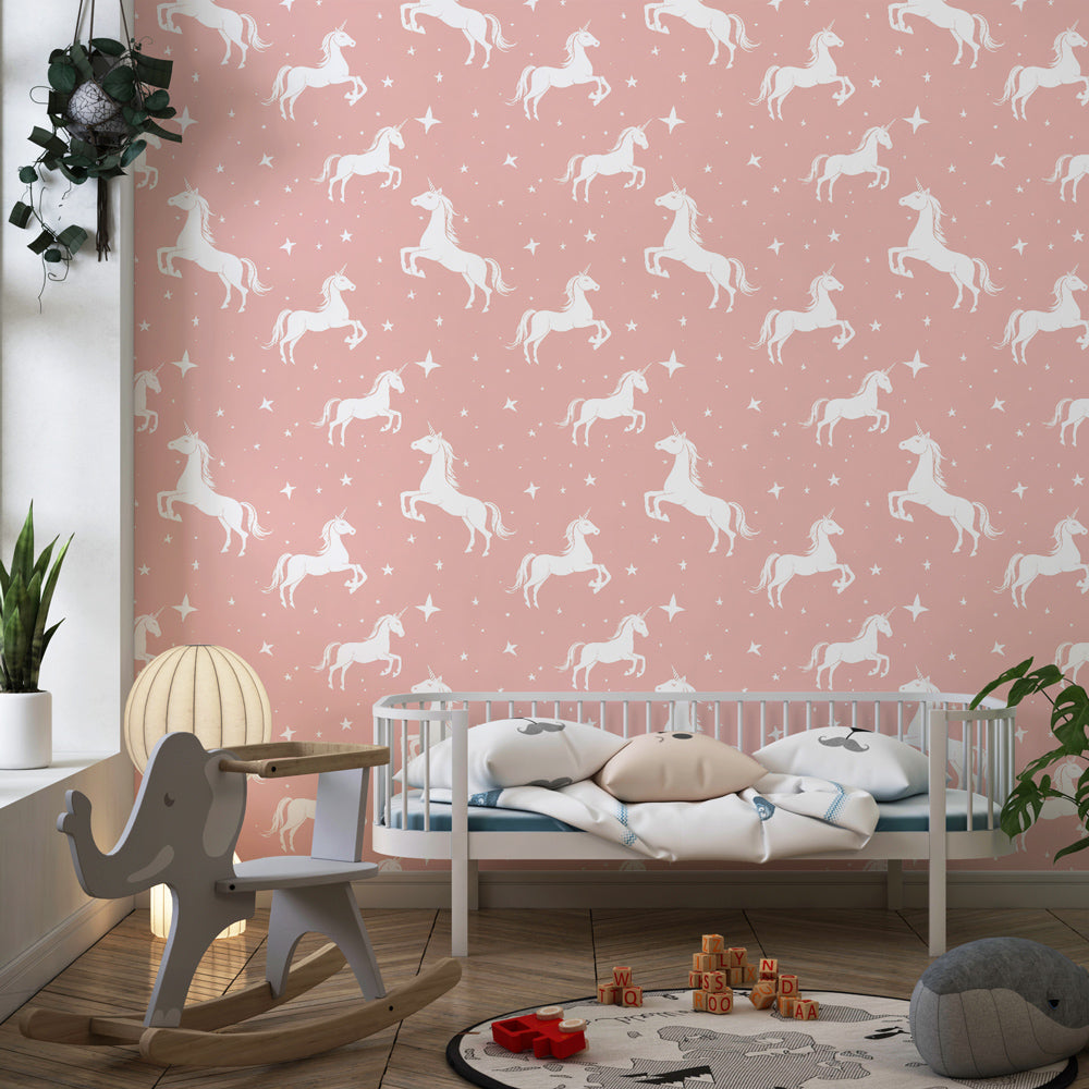 Magical unicorn wallpaper creating fairy-tale nursery atmosphere with pink and white design