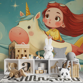 Magical unicorn wallpaper creating dreamy nursery atmosphere with soft pastel colors