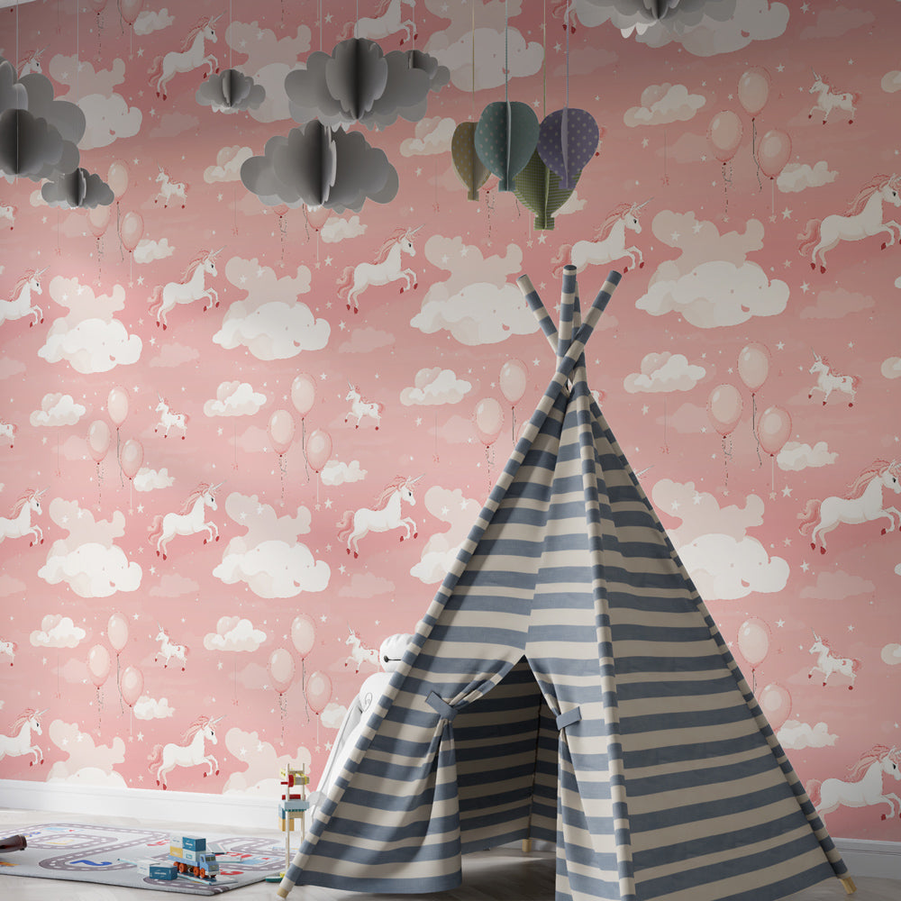 Enchanting unicorn wallpaper with pink clouds and stars for baby girl nursery room