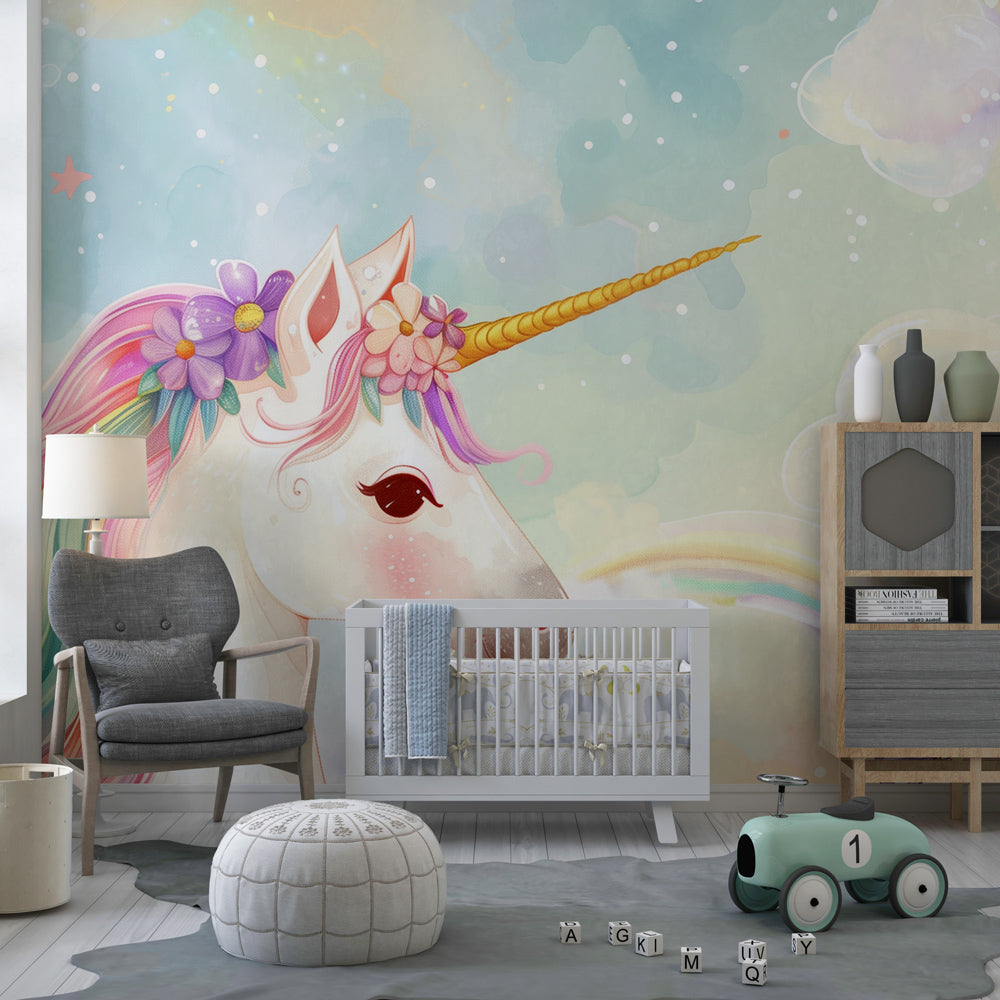 Enchanted unicorn wallpaper creating dreamy nursery atmosphere with soft pastel colors