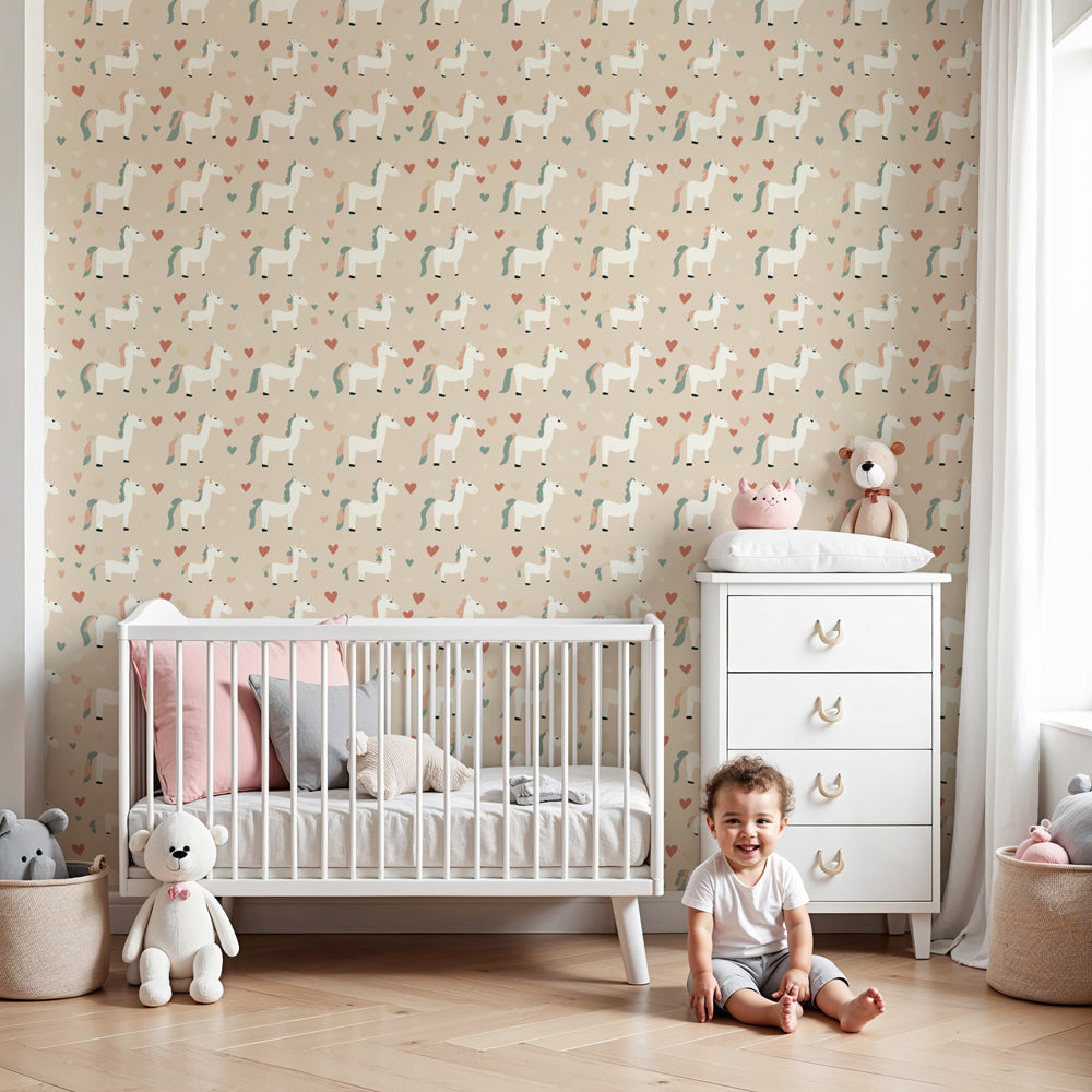 Unicorn mural wallpaper with hearts creating magical nursery decor in soft pastel colors by Kids-Mundo