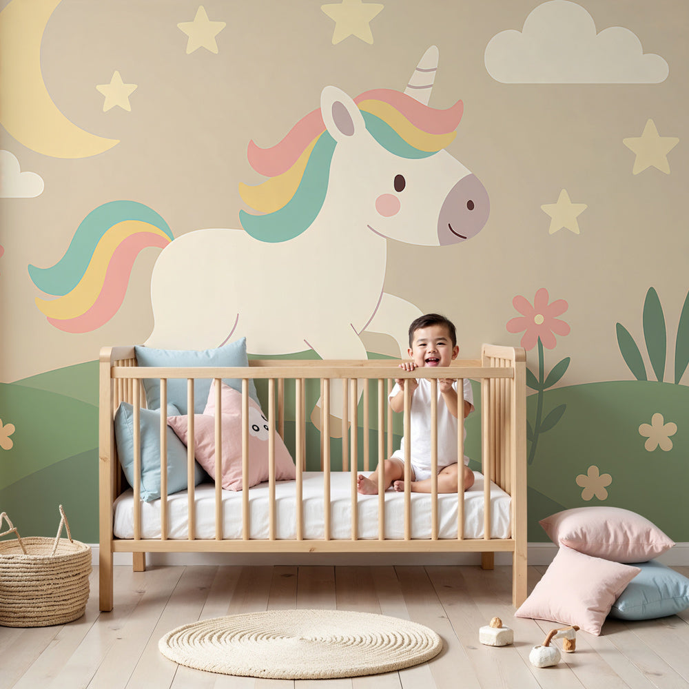 Magical unicorn mural wallpaper creating enchanted nursery atmosphere by Kids Mundo
