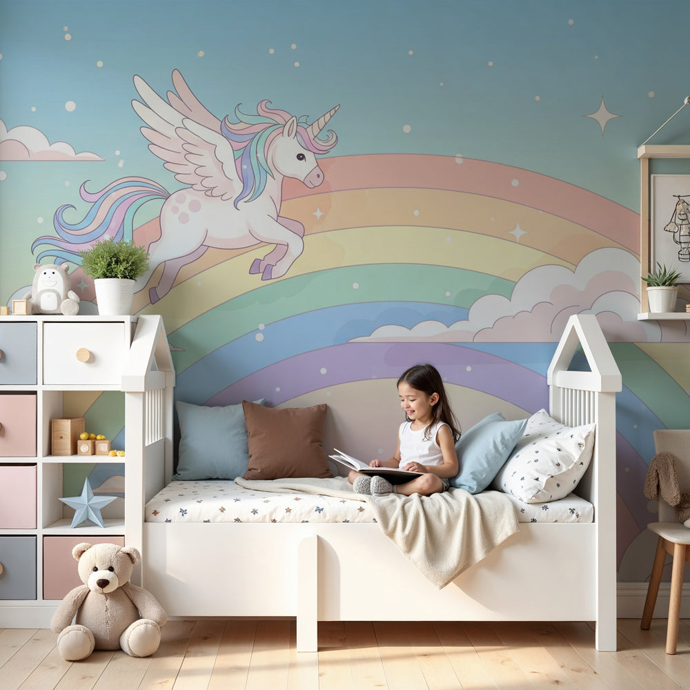 Magical unicorn rainbow mural wallpaper in modern nursery with white crib by Kids-Mundo