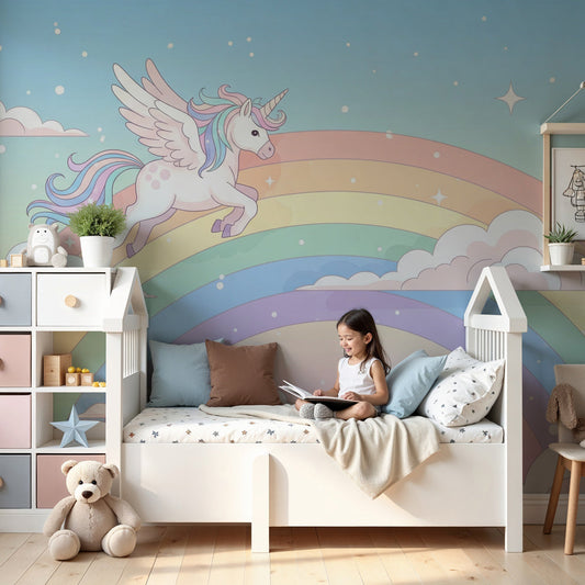 Magical unicorn rainbow mural wallpaper in modern nursery with white crib by Kids-Mundo