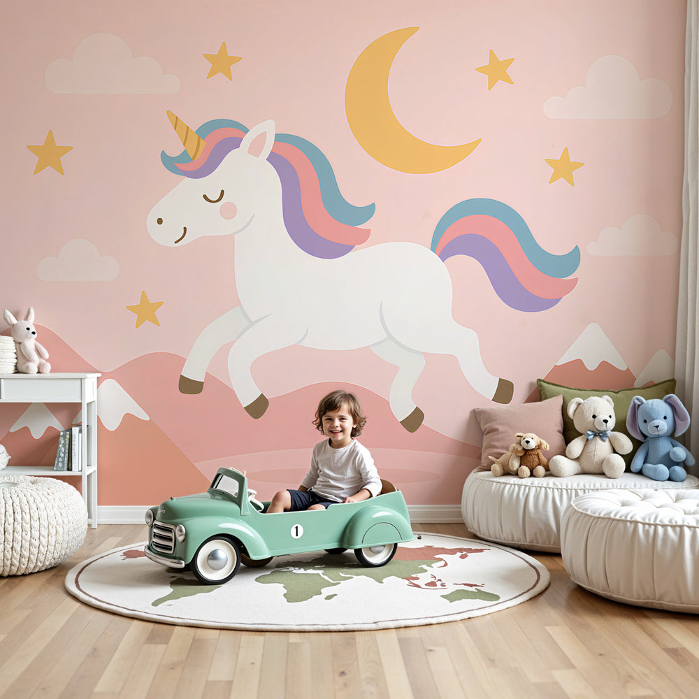 Magical unicorn mural wallpaper in pastel nursery with starry sky design by Kids-Mundo