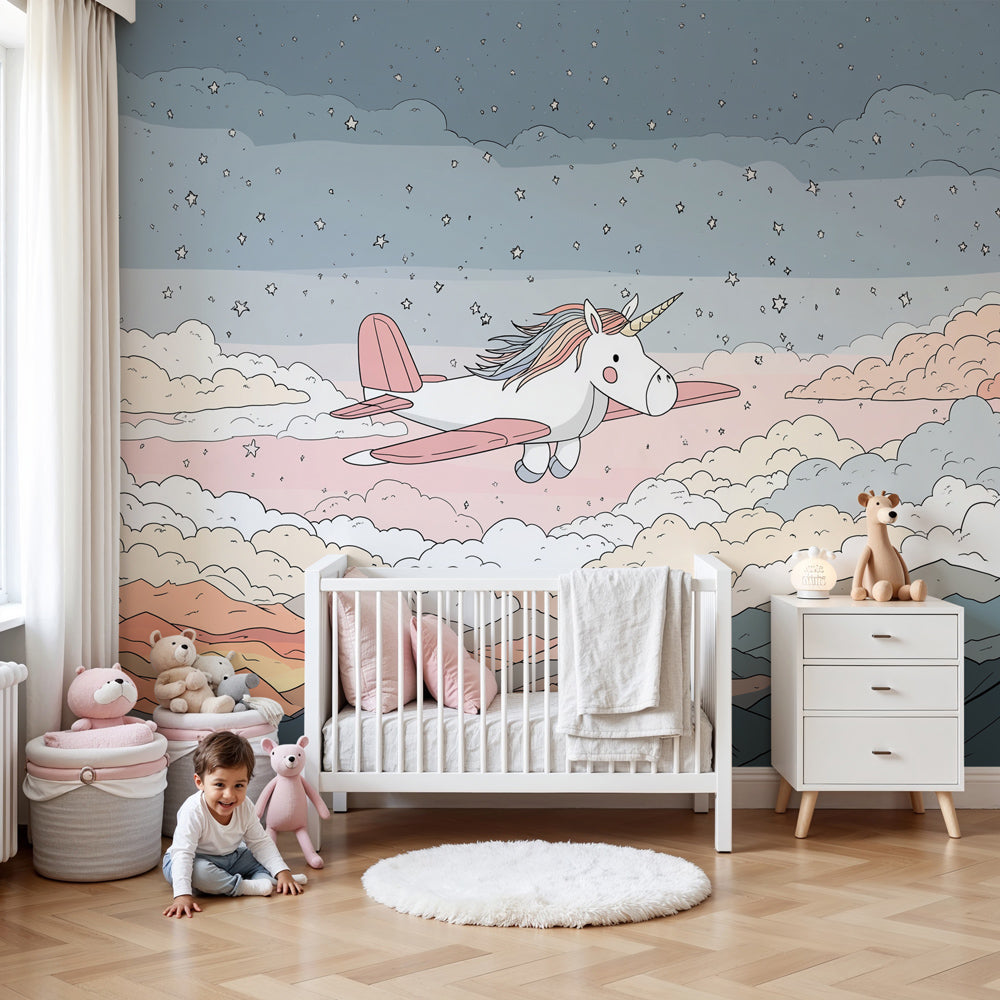 Unicorn mural wallpaper with flying unicorn and clouds in modern nursery by Kids-Mundo