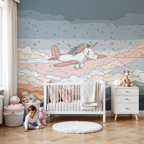 Unicorn mural wallpaper with flying unicorn and clouds in modern nursery by Kids-Mundo