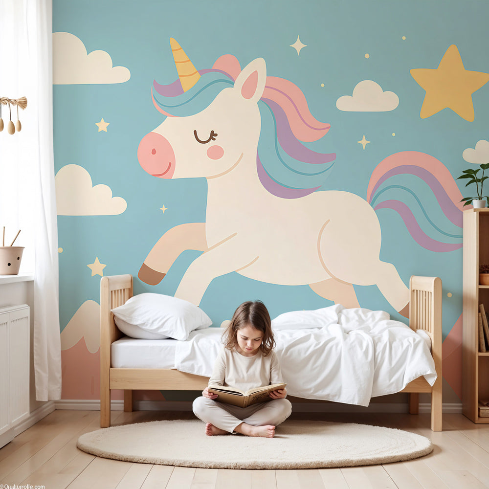 Magical unicorn mural wallpaper creating dreamy atmosphere in modern nursery by Kids-Mundo