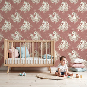 Unicorn floral mural wallpaper creating magical nursery decor with soft pink tones by Kids-Mundo