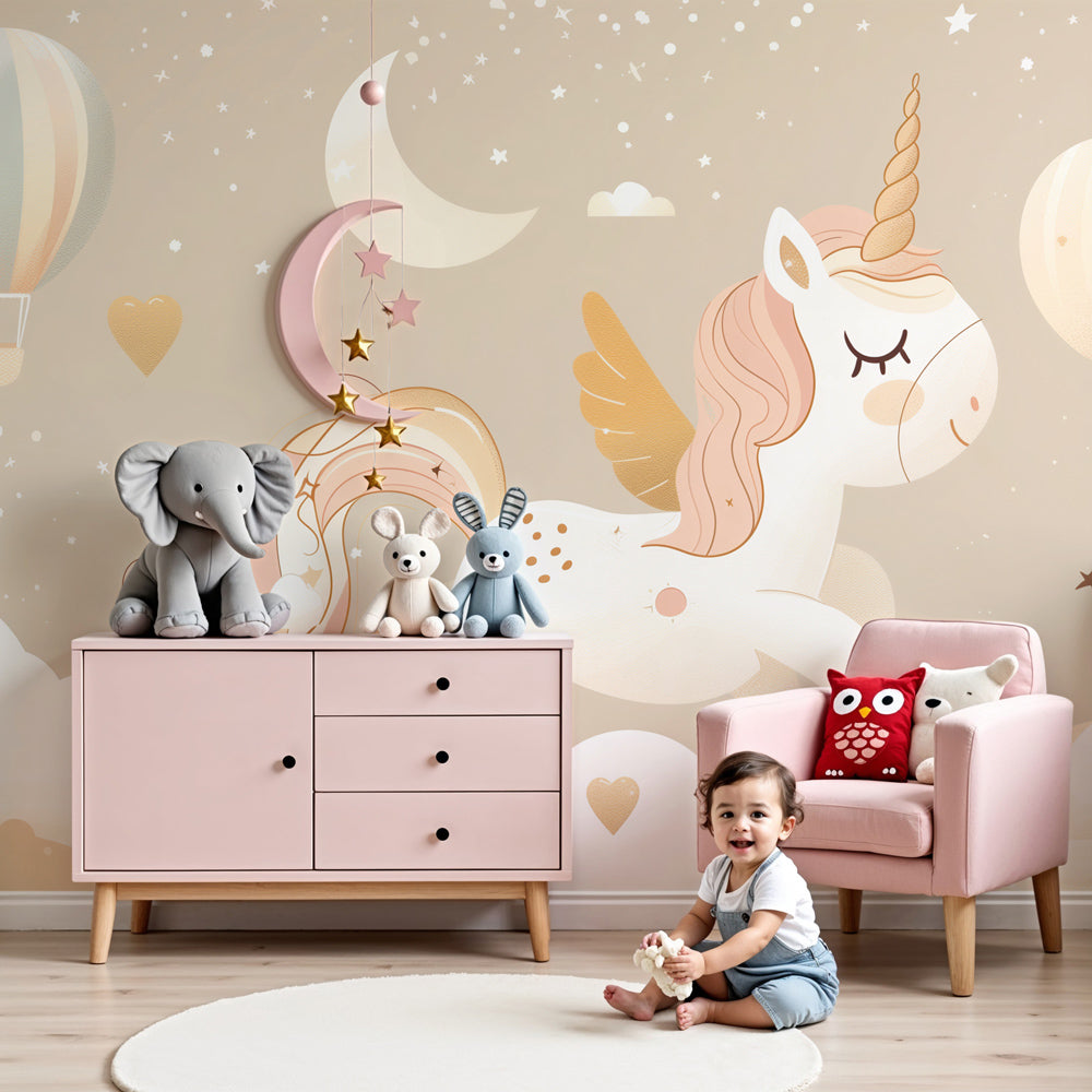 Unicorn mural wallpaper with hot air balloons in elegant beige nursery by Kids-Mundo