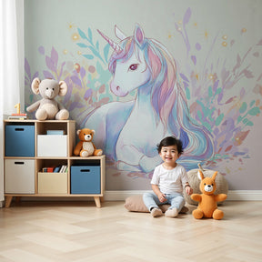 Magical unicorn mural wallpaper creating enchanted nursery decor with pastel colors by Kids-Mundo