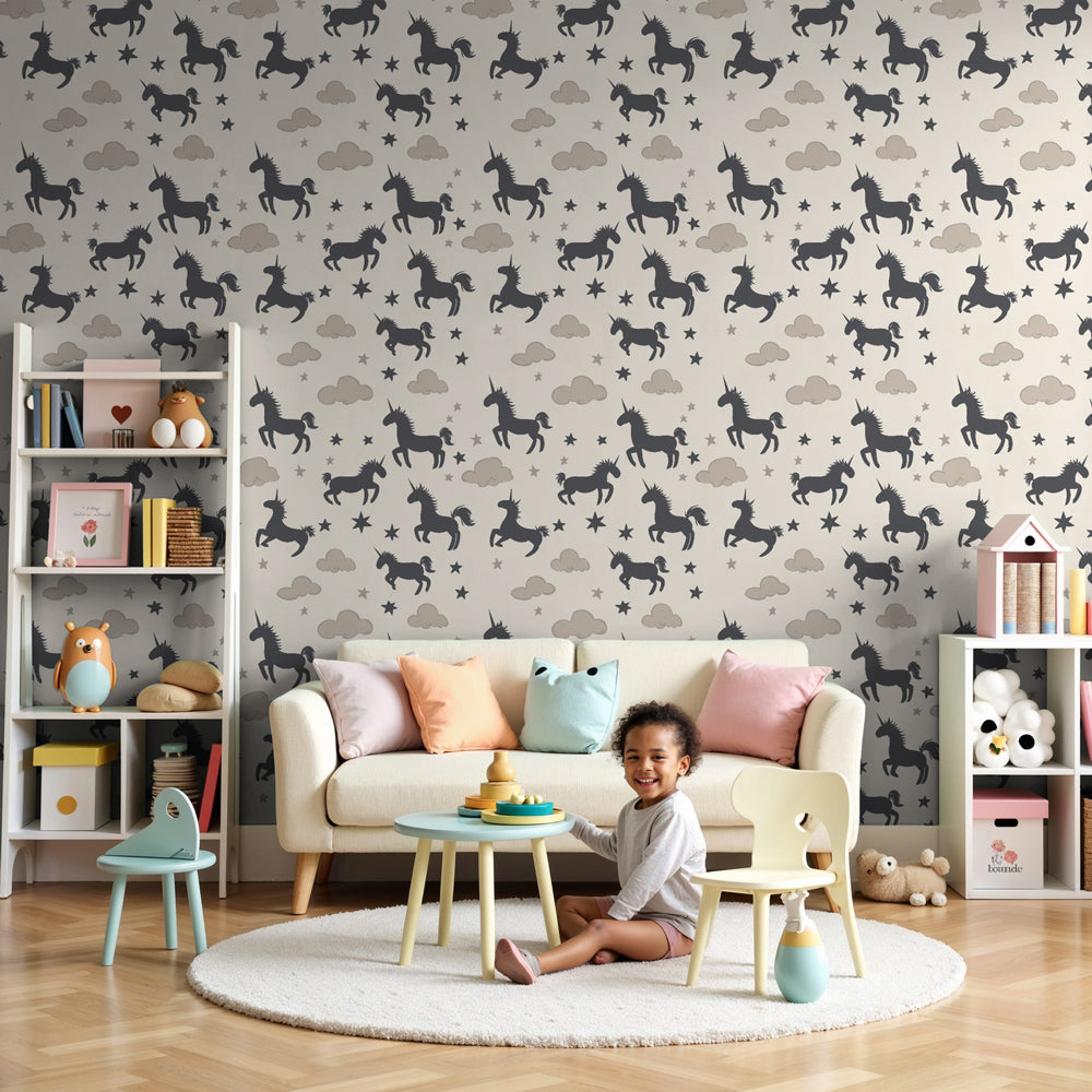 Unicorn clouds and stars mural wallpaper in modern nursery room by Kids-Mundo