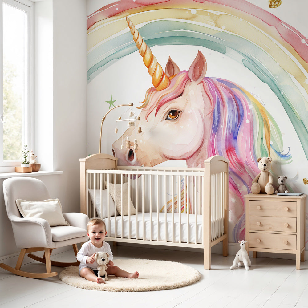 Magical unicorn rainbow mural wallpaper in modern nursery room by Kids-Mundo