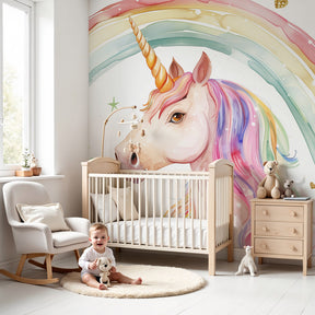 Magical unicorn rainbow mural wallpaper in modern nursery room by Kids-Mundo
