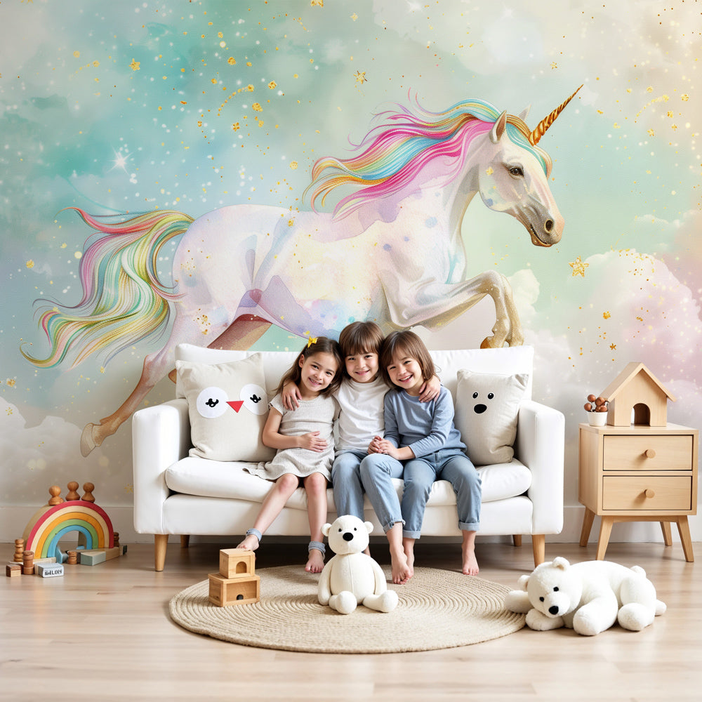 Unicorn rainbow mural wallpaper creating magical nursery decor by Kids-Mundo