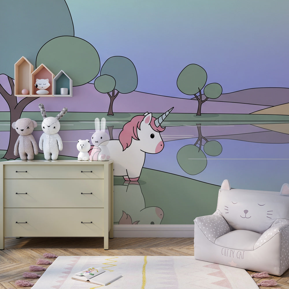 Soft pastel unicorn mural wallpaper with lake scene for peaceful kids room by Kids-Mundo