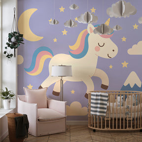 Fantasy unicorn mural wallpaper transforming children's playroom into magical kingdom