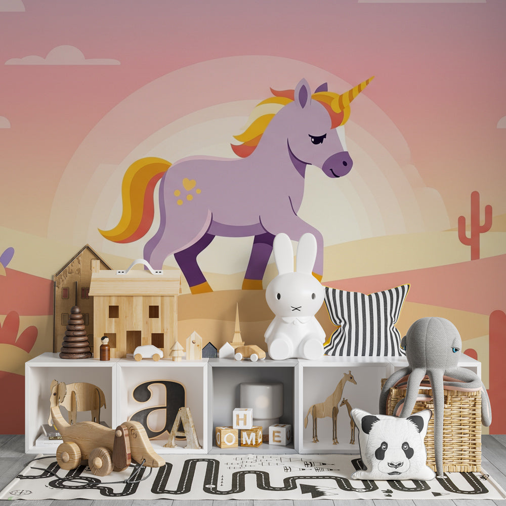 Enchanting unicorn mural wallpaper transforming children's playroom into fantasy landscape