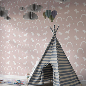 Whimsical unicorn mural wallpaper transforming kids playroom into magical fairy tale space