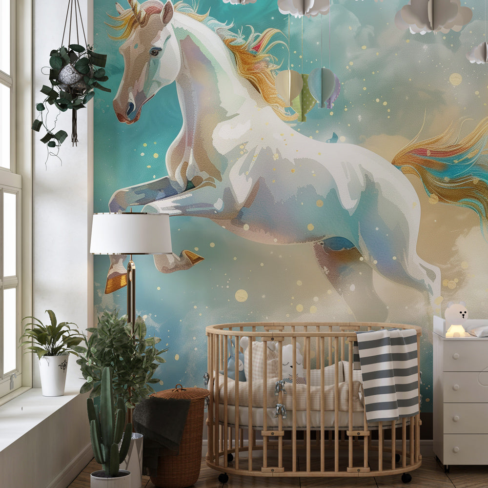 Magical unicorn mural wallpaper in kids playroom featuring celestial clouds and golden stars