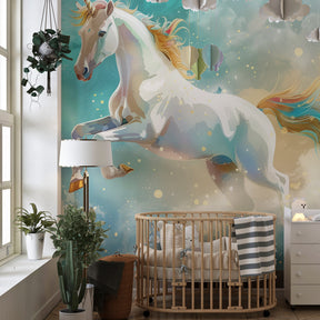 Magical unicorn mural wallpaper in kids playroom featuring celestial clouds and golden stars