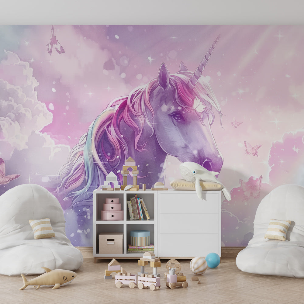 Rainbow unicorn mural wallpaper transforming kids playroom into magical space