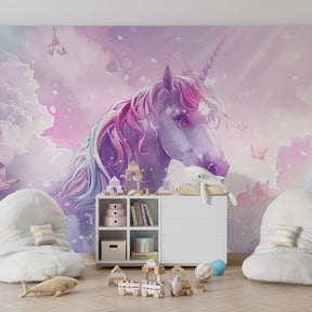 Rainbow unicorn mural wallpaper transforming kids playroom into magical space