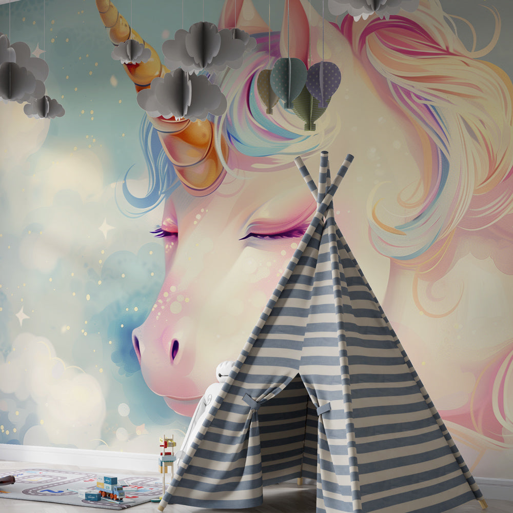 Enchanting unicorn mural wallpaper transforming children's playroom with soft pastel colors