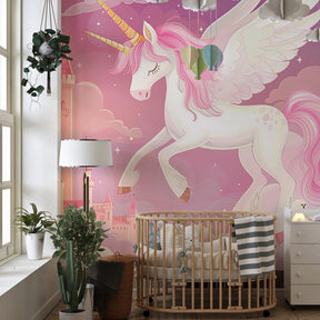 Pink cloud unicorn mural wallpaper creating whimsical playroom atmosphere for children