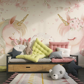Dreamy unicorn mural wallpaper with snow globe and floral details for inspiring children's playroom decor