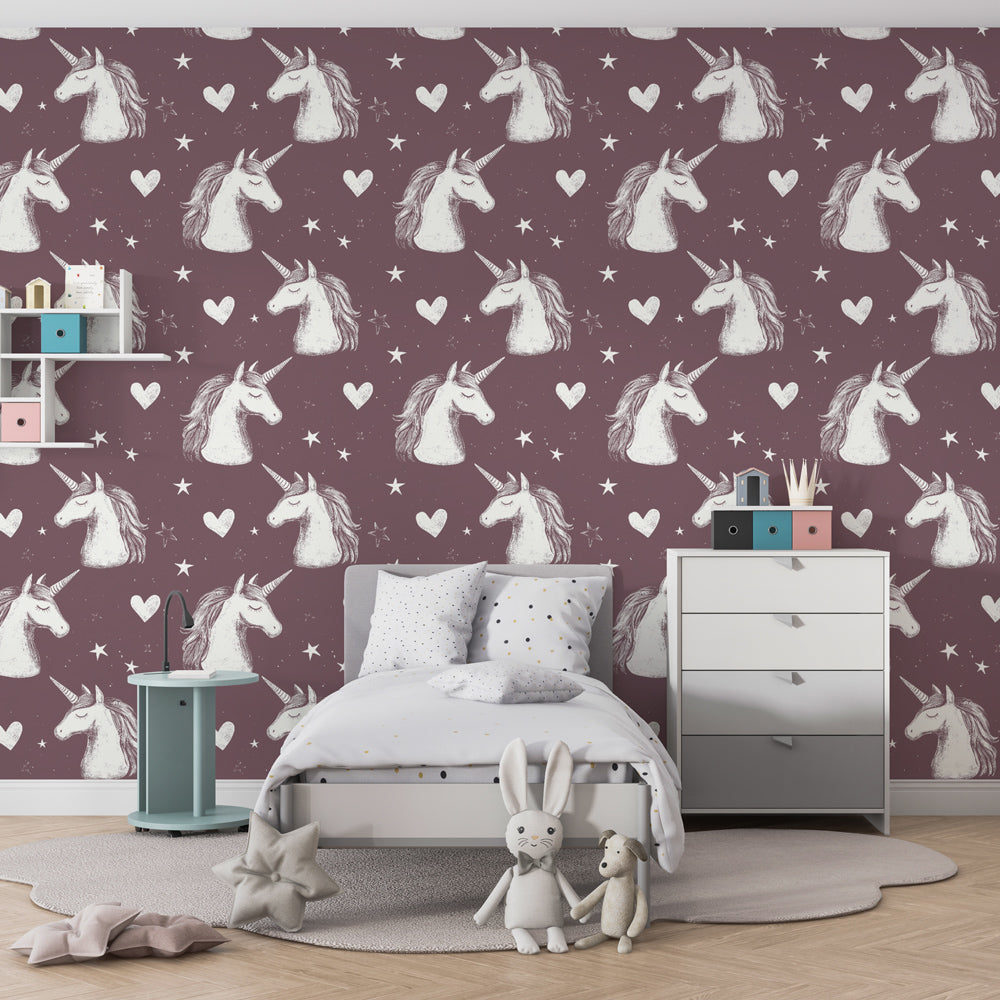 Fantasy unicorn wallpaper with hearts and stars for kids playroom by Kids-Mundo