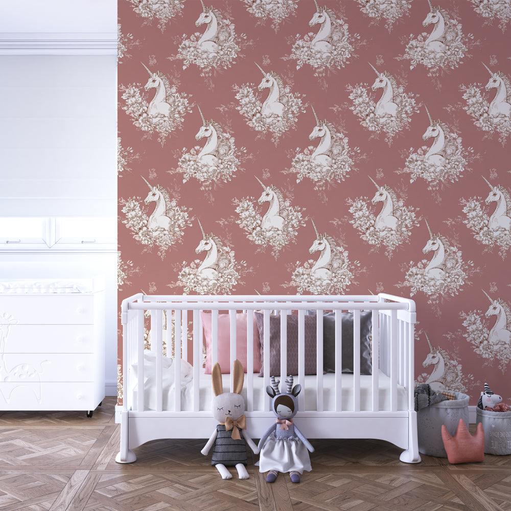 Whimsical unicorn and flower wallpaper for kids playroom creating dreamy atmosphere