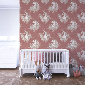 Whimsical unicorn and flower wallpaper for kids playroom creating dreamy atmosphere
