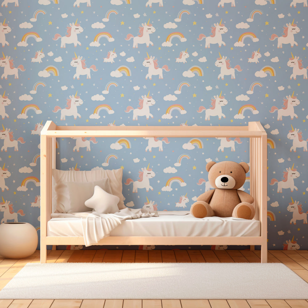 Whimsical unicorn wallpaper transforming children's playroom into fairy-tale wonderland