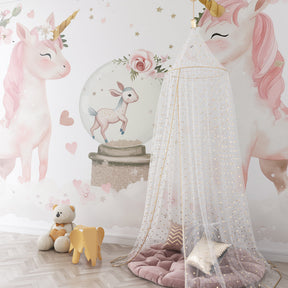 Cherry blossom unicorn mural wallpaper transforming kids playroom into magical space