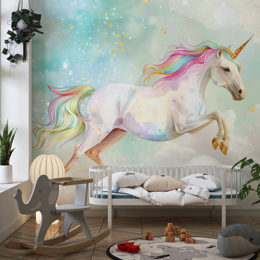 Magical unicorn wallpaper with rainbow manes in bright kids playroom by Kids-Mundo