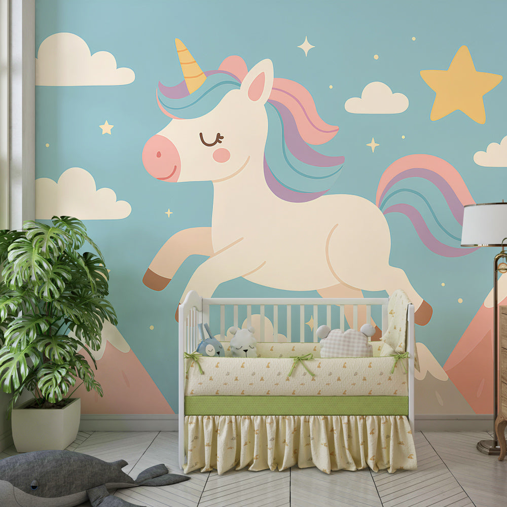 Whimsical unicorn and stars mural wallpaper in colorful kids playroom by Kids-Mundo