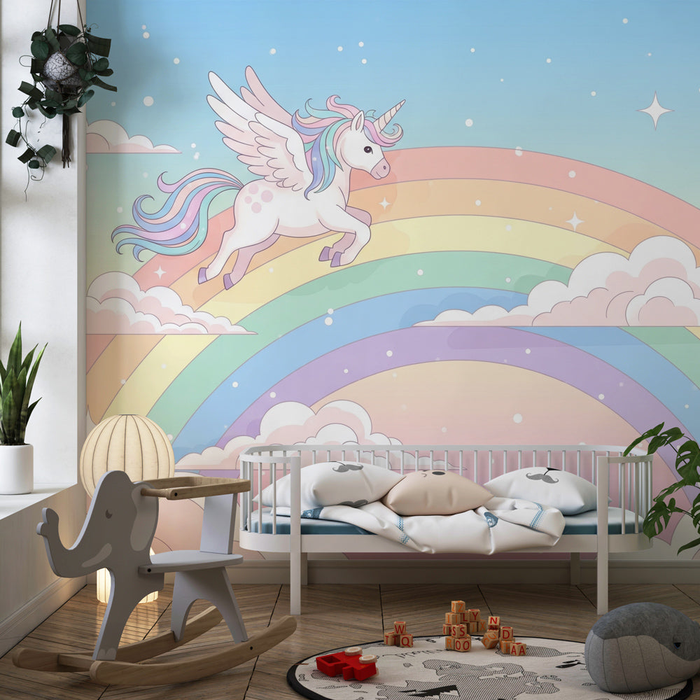 Fantasy unicorn rainbow mural wallpaper transforming kids playroom into magical fairytale space