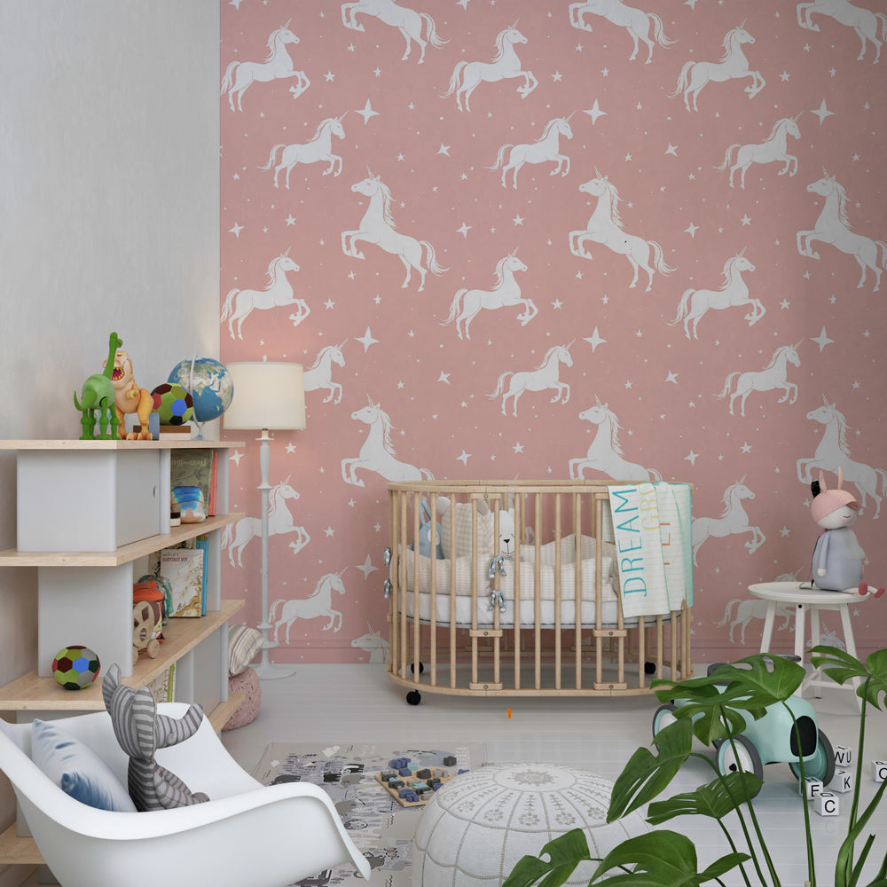 Pink unicorn mural wallpaper with sparkling stars in children's playroom setting