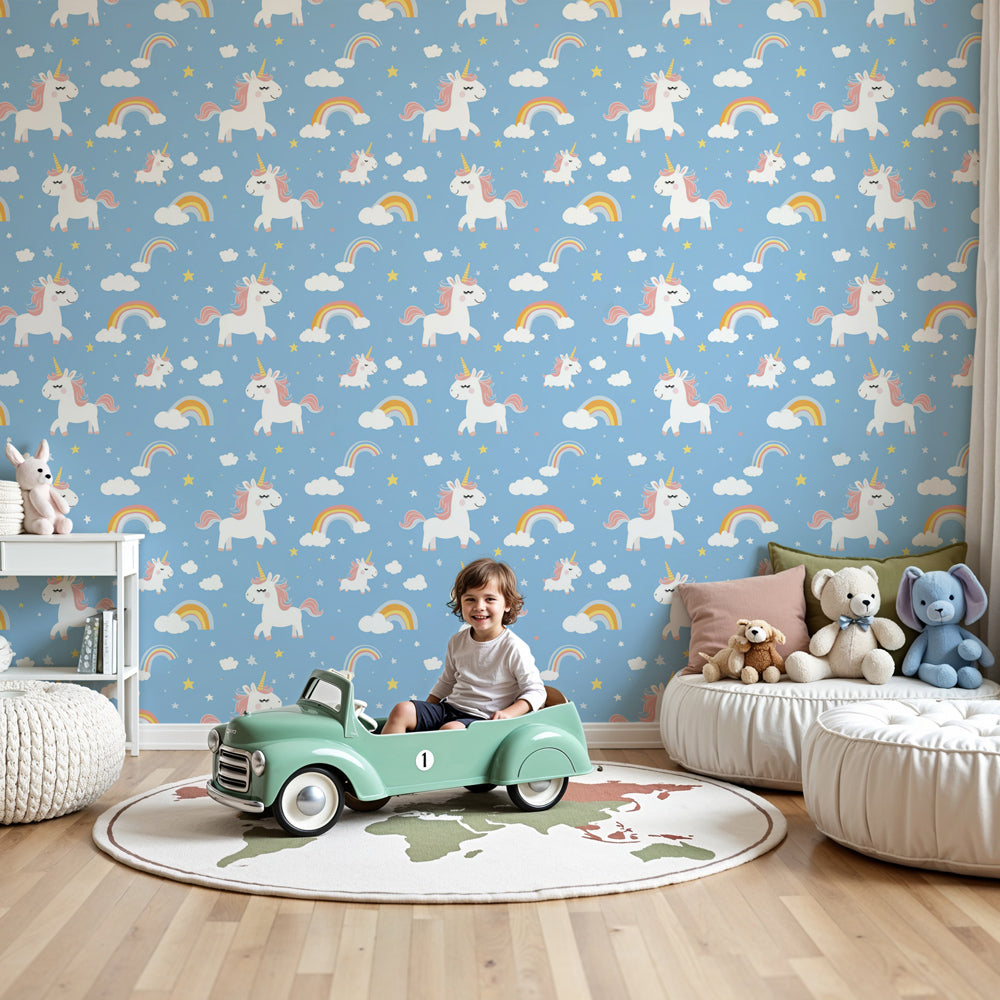 Unicorn rainbow mural wallpaper creating magical atmosphere in kids bedroom by Kids-Mundo