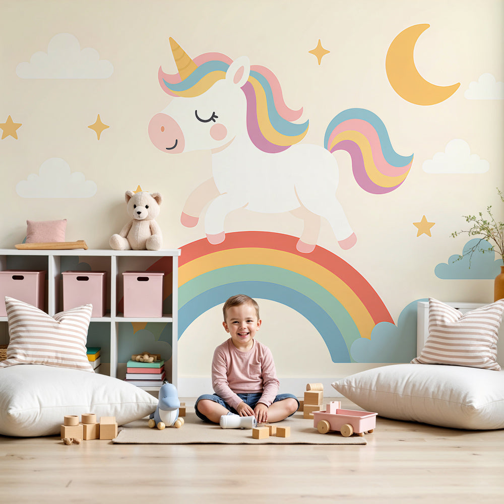 Unicorn rainbow mural wallpaper creating magical nursery decor with pastel colors by Kids-Mundo